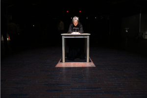 Edge Durational performance by Marilyn Arsem Near Death Performance Art Experience Cyclorama, Boston, MA April 2013 Photo by Phil Fryer