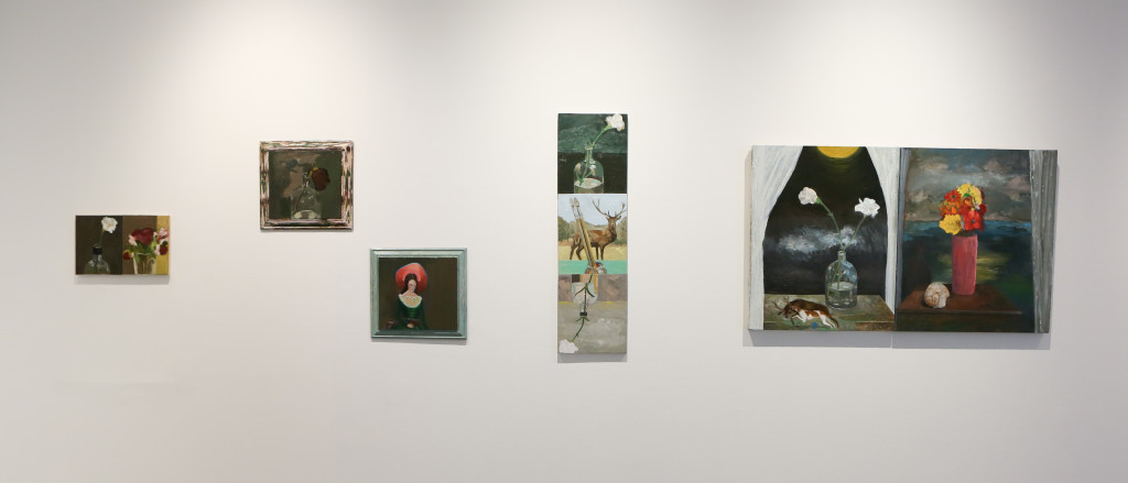 Matthew Noonan, This and That (for JAN), 2015, Oil on canvas, 10” x 16” Play (For Mae), 2015, Oil on canvas, 30” x 50” Falling (For Ellen), 2015, Oil on wood, 39” x 11” In Relation to What, 2015, Oil on wood, 27” x 35” Photo by Melissa Blackall Photography at Mills Gallery, Boston Center for the Arts, Arcadia: Thoughts on the Contemporary Pastoral, July 10-September 20, 2015.