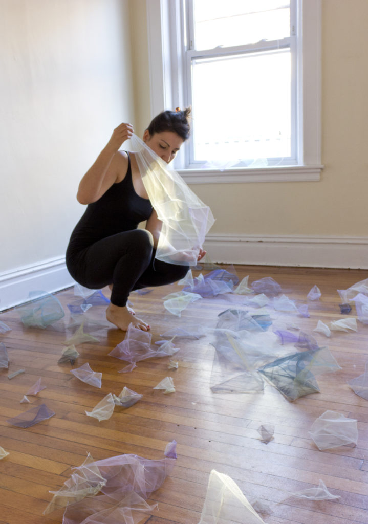 Diana Puglisi, installation view of "the fragment of one, the other," 2016. Tulle acrylic and thread (135 pieces), dimensions variable. Image courtesy of the artist.