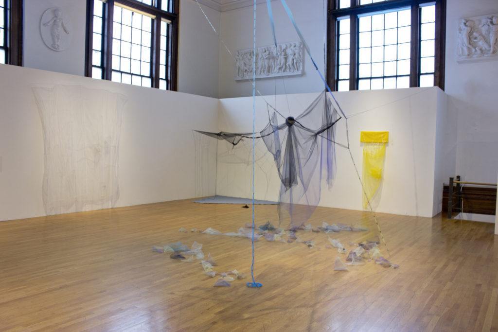 Diana Puglisi, installation view of "the soul selects her own," 2016. Air-brushed tulle, cotton tatting thread and thread. Image courtesy of the artist.