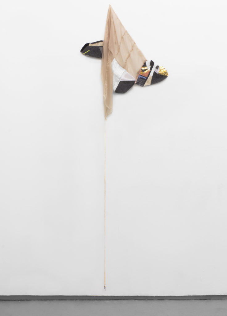 Diana Jean Puglisi, "Draping Loosely", 2016, spandex, rice paper, felt, canvas, organza, chiffon, denim, cotton, thread and acrylic, 94 x 30 x 2”, Courtesy of the artist.