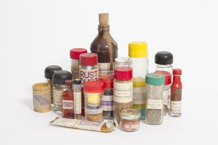 Ethan Hayes-Chute Bottles and jars from Contemporary Spice Rack, 2012. Jars, bottles various containers, mixed contents, Epson HX-20 printouts, dimensions variable. Courtesy the artist.