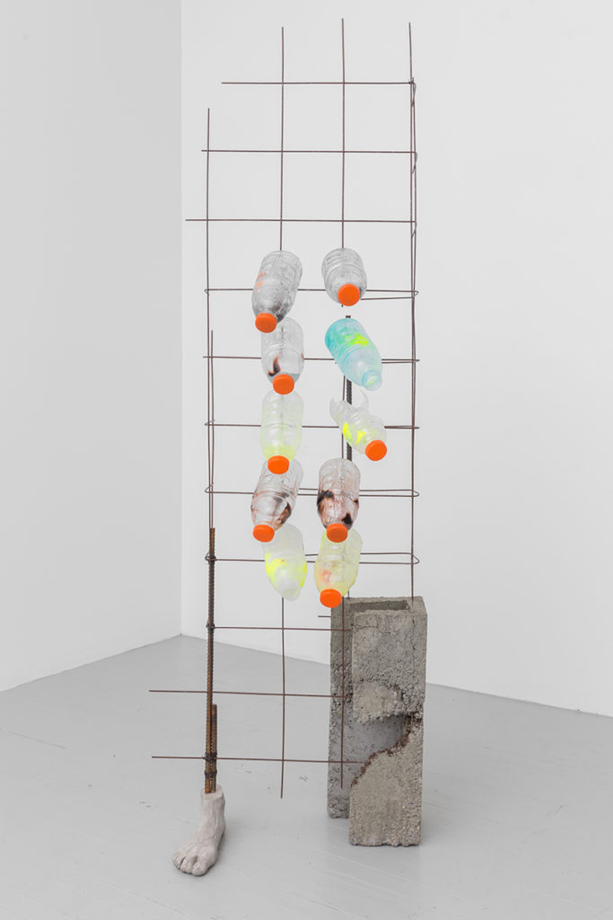 She Was Warned, 2017, cement hydrocal mix, concrete, rebar, steel wire, steel concrete reinforcement, plastic, pigmented resin 73 x 25 x 12 inches. Courtesy of the artist and Callicoon Fine Arts, NY. photo: Sean Fader.