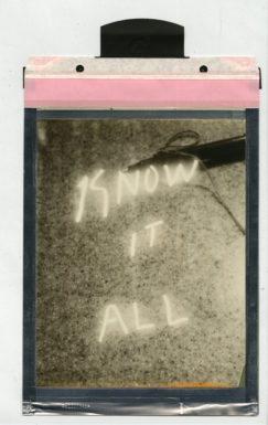 Corey Escoto, "Know It All," 2015. Impossible Silver Shade Film (polaroid), 8 X 14 inches with pull tab.