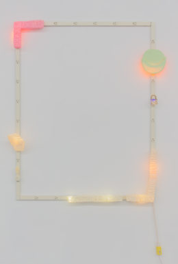 Corey Escoto, "Nightlight Arrangement 3 (Billions, Booed, Brick and Mortar)," 2017. Cast resin, enamel paint, LED and incandescent lights, electrical outlet molding, 54.5 X 42.5 inches. 