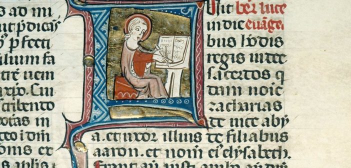 Luke writing the gospel illuminated manuscript